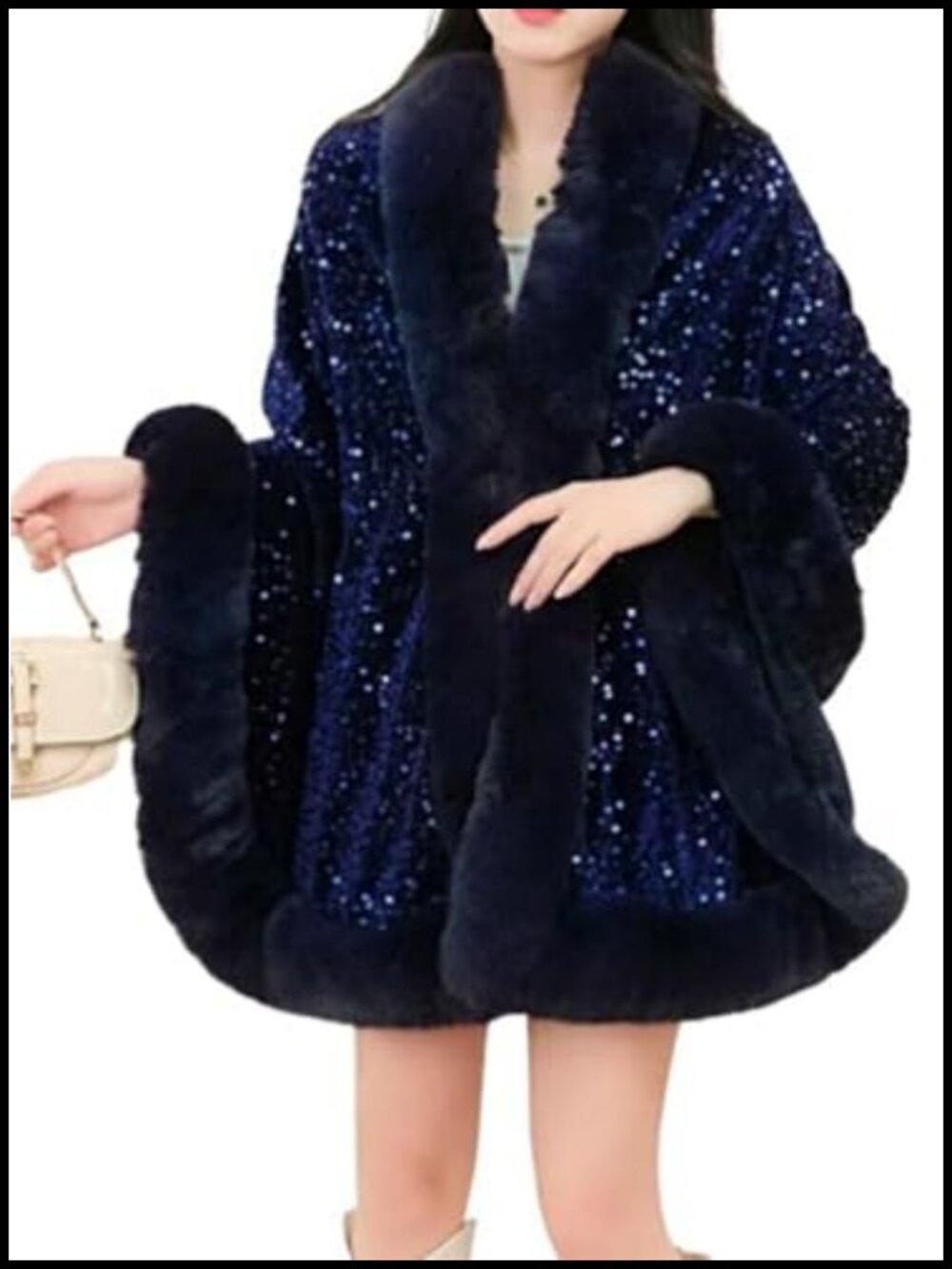 Faux Fur Shawl Wrap Open Front Poncho Cape Sequin Pashmina Winter Evening